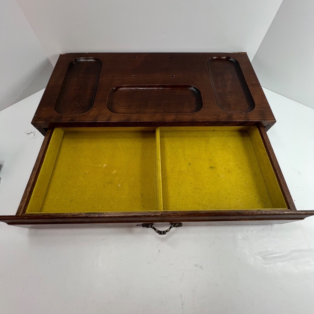 Vintage wood valet jewelry box with drawer ornate handle sunken depressions top - Picture 7 of 13